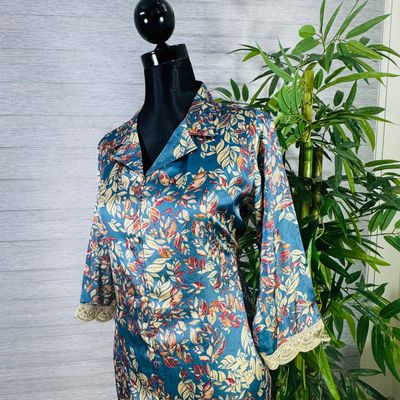 Teal Blue Floral Printed Silk Co-ord Set with Lace Detailing_img_2