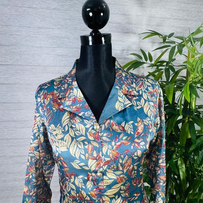 Teal Blue Floral Printed Silk Co-ord Set with Lace Detailing_img_3