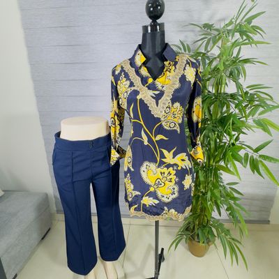 Elegant Floral Navy & Yellow Kurti with Navy Straight Pants Cord-Set_img_1