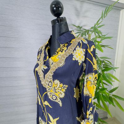 Elegant Floral Navy & Yellow Kurti with Navy Straight Pants Cord-Set_img_2