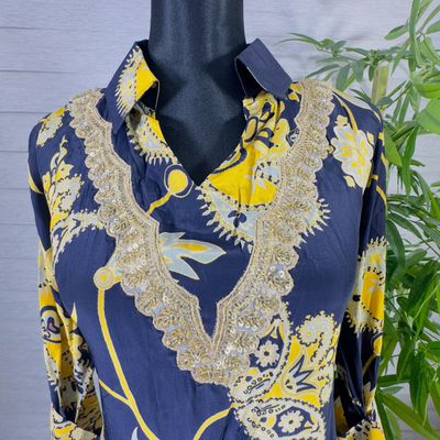Elegant Floral Navy & Yellow Kurti with Navy Straight Pants Cord-Set_img_3