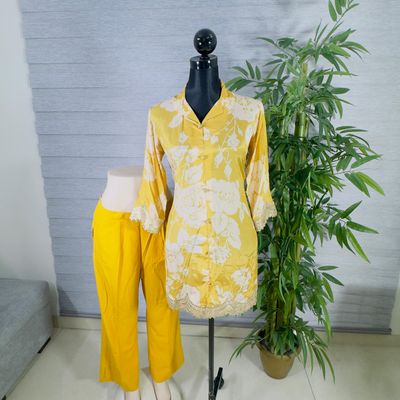 Sunshine Yellow Floral Kurti & Pant Co-Ord Set with Lace Detailing_img_1