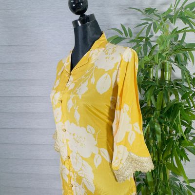 Sunshine Yellow Floral Kurti & Pant Co-Ord Set with Lace Detailing_img_2