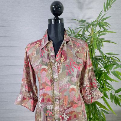 Floral Printed Long Kurti with Beige Straight Pants_img_3