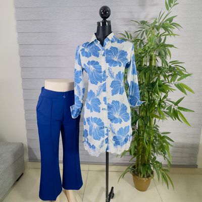 Blue Floral Printed Kurti with Navy Straight Pants_img_1