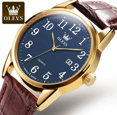 OLEVS 5566 Gents belt Watche- Blue Dial- Golden Bezel- Leather Color Belt- TF Code OL659BM_img_2