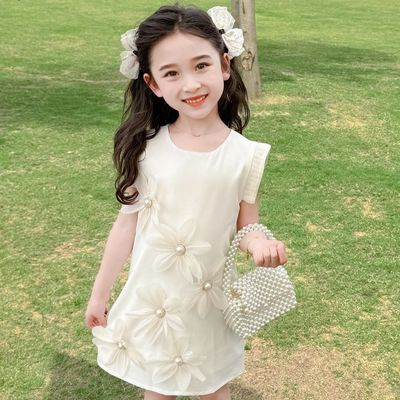 Kids Girls Summer Elegant Pearls Flower Sleeveless Korean Party Skirt (1 to 6 Years)_img_6
