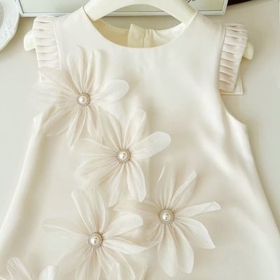 Kids Girls Summer Elegant Pearls Flower Sleeveless Korean Party Skirt (1 to 6 Years)_img_2