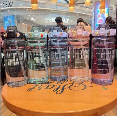 2000ml1pc Gradient Frosted Water Bottle With Handle Outdoor Portable Straw Cup_img_1