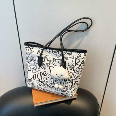 Printed canvas graffiti tote bag with dollLarge size All color available_img_1