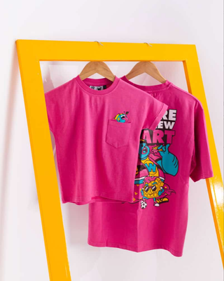 Waffle Up Large Character Printed Unisex Oversized Drop Shoulder Graphic Tees in Pink | Waffle Up X NEED SUPPLY_img_1