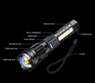 LED Powerful 2600mAh Flashlight Type-c Rechargeable Zoomable Torch Waterproof Camping Hunting Lantern_img_5