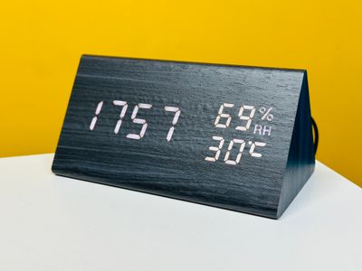Wooden digital electronic alarm clock triangle wooden clock creative voice control LED can display temperature and humidity_img_0