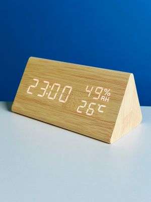 Wooden digital electronic alarm clock triangle wooden clock creative voice control LED can display temperature and humidity_img_4