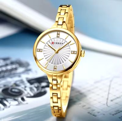 Curren 9097 Ladies Chain Watch- Silver Dial- Golden Bezel- Golden Chain- TF Code CR925CF_img_2