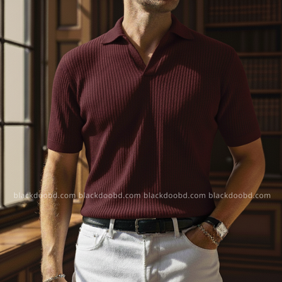 Old Money Men’s Polo – Ribbed Cotton Knit | Maroon