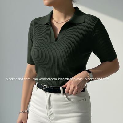 Old Money Women's Polo – Ribbed Cotton Knit | Bottle Green