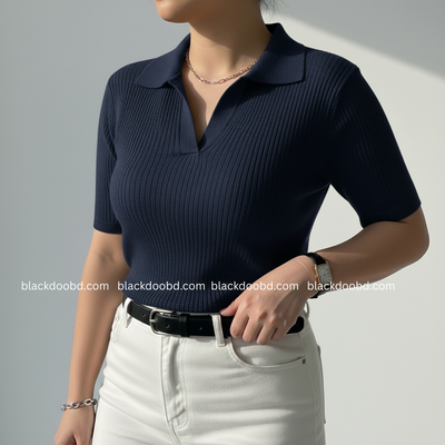 Old Money Women's Polo – Ribbed Cotton Knit | Navy Blue