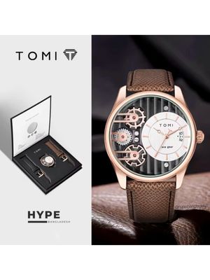 TOMI T-106 Face Gear Dual Strap Leather Belt Watch (Brown-Rosegold)_img_0