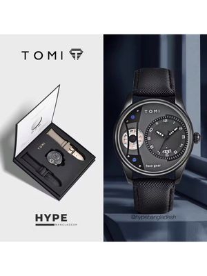 TOMI T-105 Face Gear Dual Strap Leather Belt Watch (Black)_img_0