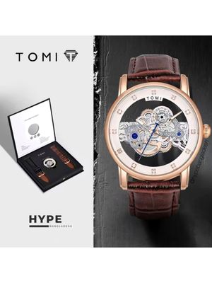 TOMI T-102 Face Gear Transperent Dual Strap Leather Belt Watch (White-Rosegold)_img_0