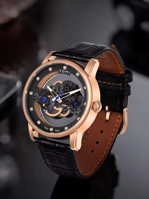 TOMI T-102 Face Gear Transperent Dual Strap Leather Belt Watch (Black-Rosegold)_img_1
