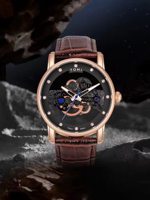 TOMI T-102 Face Gear Transperent Dual Strap Leather Belt Watch (Black-Rosegold)_img_2