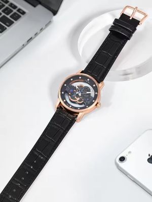 TOMI T-102 Face Gear Transperent Dual Strap Leather Belt Watch (Black-Rosegold)_img_3