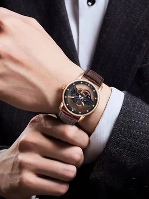 TOMI T-102 Face Gear Transperent Dual Strap Leather Belt Watch (Black-Rosegold)_img_4