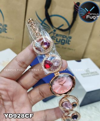 YINDINI 5216 Ladies Chain Watch- Pink Dial- Rose Golden Bezel- Rose Golden Chain with Stones- TF Code YD928CF_img_3