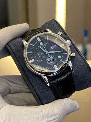 Patek Philippe Moon Phase Black Dial Silver Bezel Black Belt AA Grade_img_0