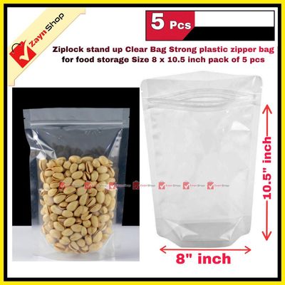 Ziplock stand up Clear Bag Strong plastic zipper bag for food storage Size 8 x 10.5 inch 5 pcs_img_0