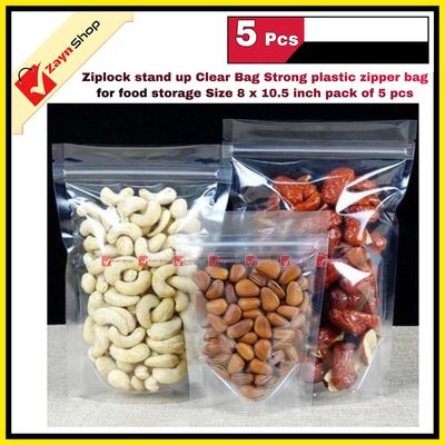 Ziplock stand up Clear Bag Strong plastic zipper bag for food storage Size 8 x 10.5 inch 5 pcs_img_3