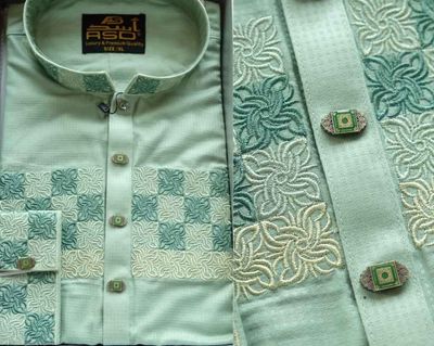 Cotton Embroidery Panjabi Green Cotton Fabric_img_0