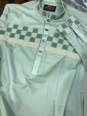 Cotton Embroidery Panjabi Green Cotton Fabric_img_2