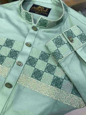 Cotton Embroidery Panjabi Green Cotton Fabric_img_3