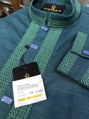 Men Cotton Embroidery Panjabi | Green_img_3