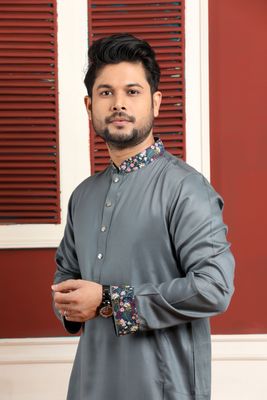 Floral Accent Steel Grey Panjabi_img_2