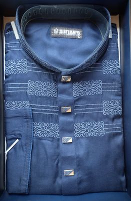Cotton Embroidery Men Panjabi | White - Blue_img_2