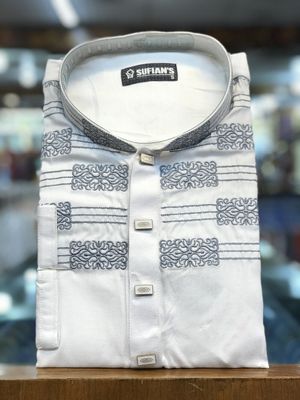 Cotton Embroidery Men Panjabi | White - Blue_img_5