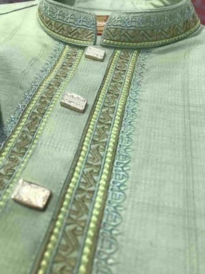 Green Cotton Embroidery Panjabi Push Button | Men_img_1