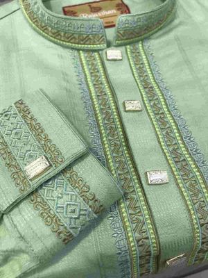 Green Cotton Embroidery Panjabi Push Button | Men_img_2