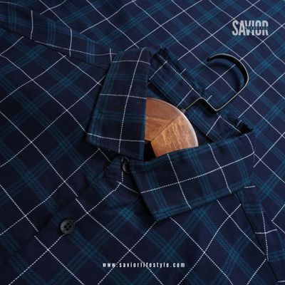 Midnight Teal Grid Check Full Sleeve Pocketless Shirt_img_1
