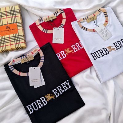 3PC Burberry T-shirt Box - 100% Cotton Fabric - Black, White & Maroon