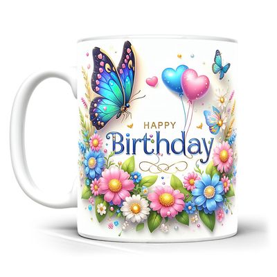 Happy Birthday Mug, Colorful Butterflies and Flowers Birthday Gift_img_1
