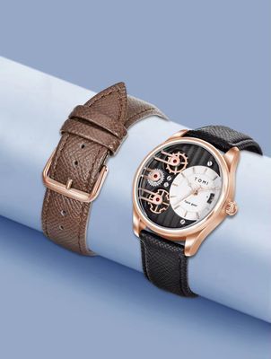 TOMI T-106 Face Gear Dual Strap Leather Belt Watch (Brown-Rosegold)_img_1