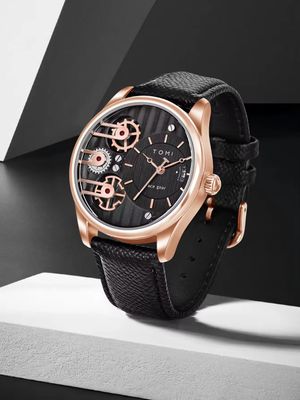 TOMI T-106 Face Gear Dual Strap Leather Belt Watch (Black-Rosegold)_img_2