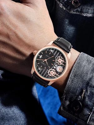 TOMI T-106 Face Gear Dual Strap Leather Belt Watch (Black-Rosegold)_img_3