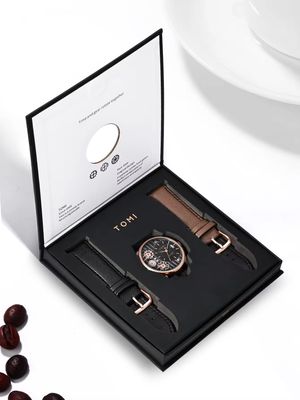 TOMI T-106 Face Gear Dual Strap Leather Belt Watch (Black-Rosegold)_img_4