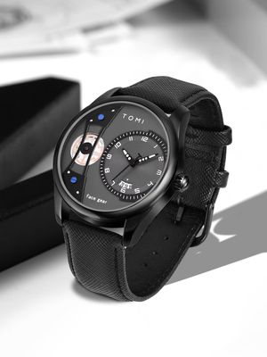 TOMI T-105 Face Gear Dual Strap Leather Belt Watch (Black)_img_1